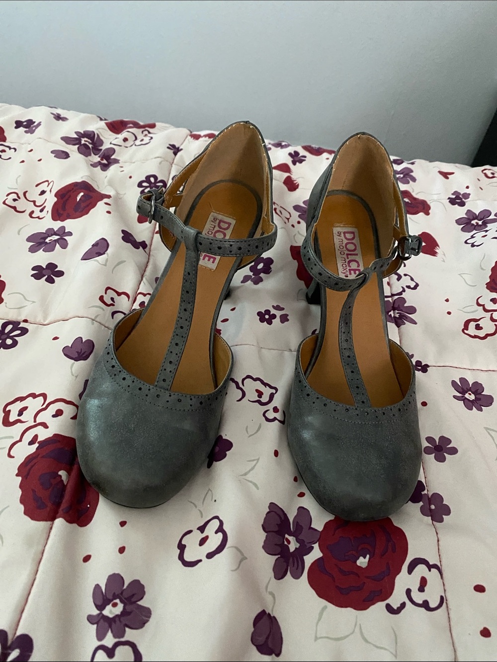 Mojo Moxy Metallic Charcoal T‑Strap Heels